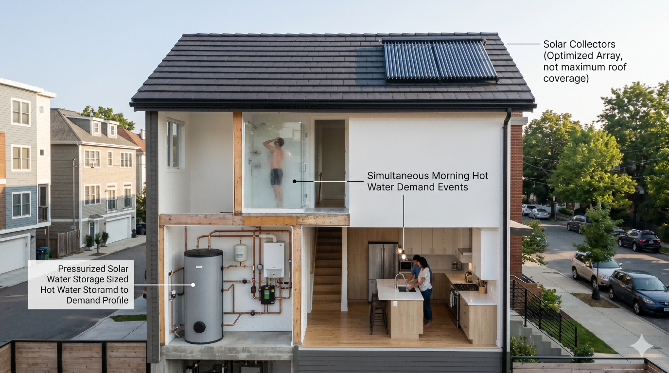 Pressurized solar water heater system sized to real household hot water demand rather than maximum roof coverage